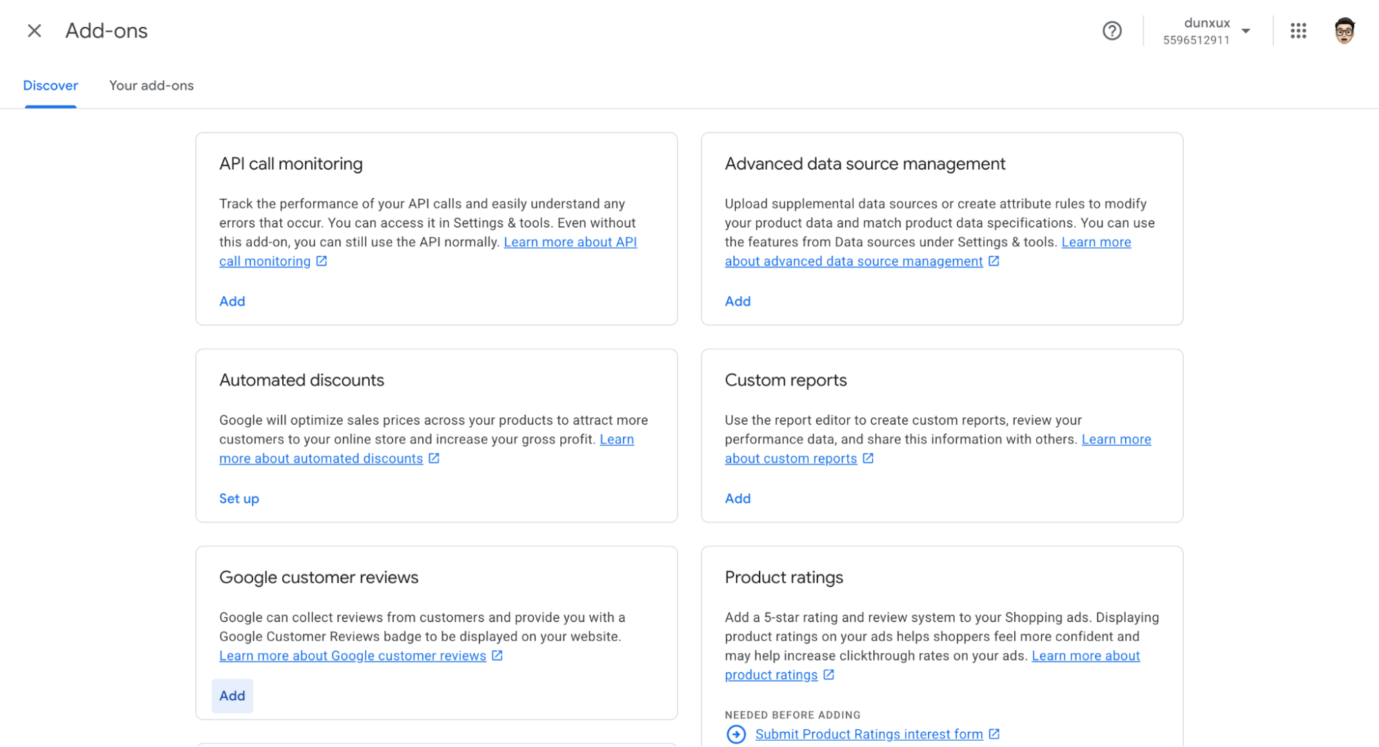 Google Merchant Center settings page showing the Google Customer Reviews add-on with an Enable button highlighted